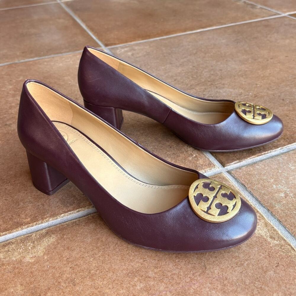 Tory Burch Benton Burgundy Block Heel Pumps Classic Polished Office Event size 8 - Picture 11 of 15